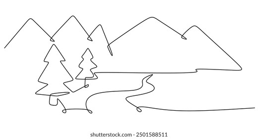 Mountains landscape one line drawing. Simple line mountain and coniferous trees.