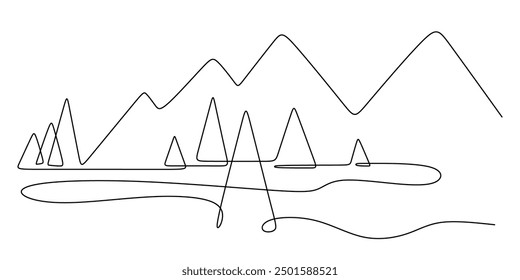 Mountains landscape one line drawing. Simple line mountain and coniferous trees.