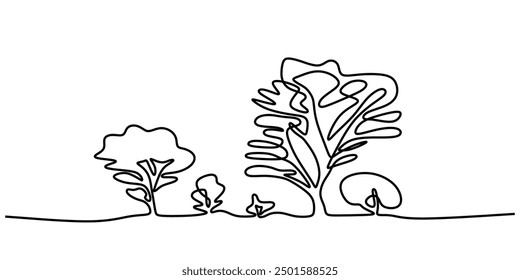 Mountains landscape one line drawing. Simple line mountain and coniferous trees.