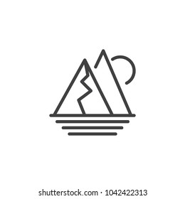 Mountains landscape outline icon. linear style sign for mobile concept and web design. Rising sun in mountains simple line vector icon. Symbol, logo illustration