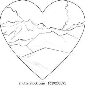 Mountains landscape outline illustration isolated on heart