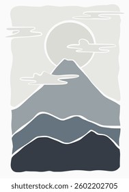 Mountains landscape panorama hand draw illustration. Sun and mountains organic lines matisse style, naive art, contemporary backgrounds vector illustration