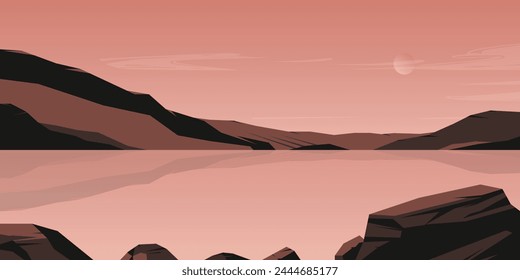 Mountains landscape. Panoramic view of high peaks over sea surface, nature scenery with hills and stones in water, mountain range panorama. Vector flat illustration.