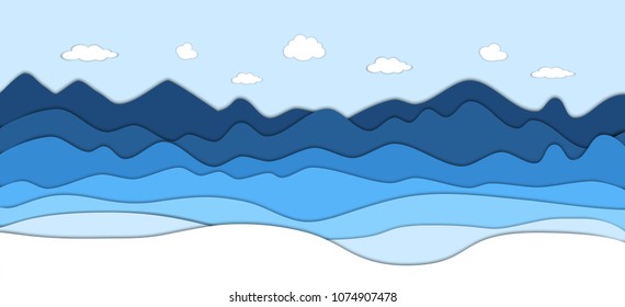 Mountains landscape in paper cut style. Cartoon mountain ridges. Vector paper art illustration. Conceptual 3D background.