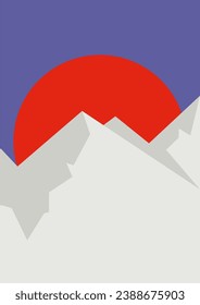 Mountains landscape with peaks and red sun illustration poster. Winter, autumn minimalist wall decor