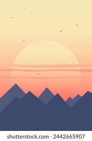 Mountains landscape with peaks and sunset illustration poster. Minimalist gradient red sunrise wall decor.