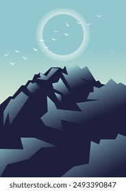 Mountains landscape with peaks and sunset illustration poster. Minimalist gradient solar eclipse wall decor