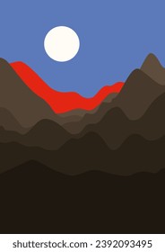 Mountains landscape with peaks and sunset. Minimalist red sunrise wall decor.