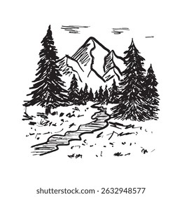 Mountains landscape with pine trees and pathway in black brush stroke texture isolated on white. Hand drawn vector sketch illustration in vintage charcoal ink. Invitation design, print