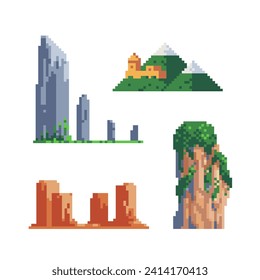 Mountains landscape pixel art icons isolated vector illustration. 8-bit sprite for video game, logo and web. Design stickers, logo, mobile app.