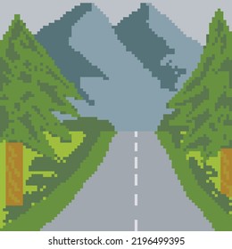 Monta el paisaje con el arte de píxeles. Ilustración vectorial.
