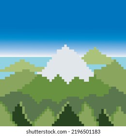 Mountains landscape with pixel art. Vector illustration.
