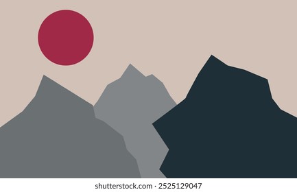 Mountains landscape and red sun