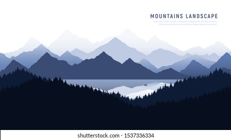 Mountains landscape. Reflection of the mountains in calm surface of a mountain lake . Silhouette man in a boat in the middle of the lake.  Vector illustration.