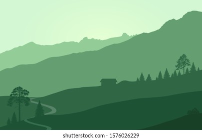Mountains landscape with rocks and forest coniferous trees. green flat background landscape. vector illustration