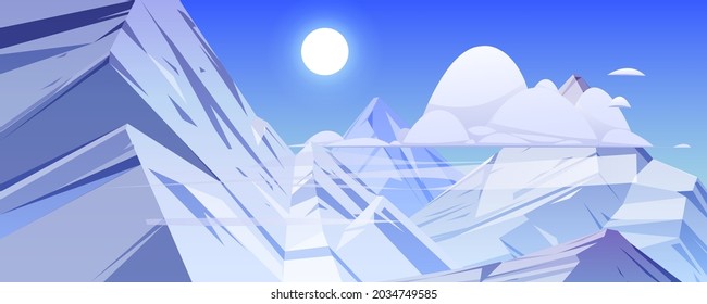 Mountains landscape with rocks and ice peaks. Vector cartoon nature scene with mountains tops covered by white snow, clouds and sun in blue sky. Illustration of high rock range