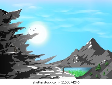 Mountains landscape, rocky silhouette with nature, animals and wildlife concept, poster adventure traveling, card abstract background vector illustration