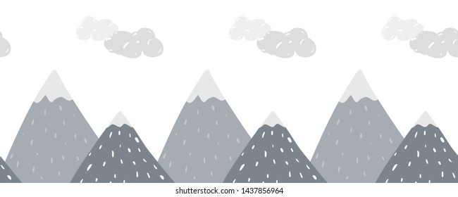 Mountains landscape in Scandinavian style. Hand drawn seamless pattern. Vector illustration.