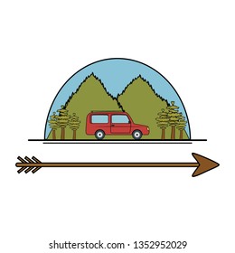 mountains landscape scene with arrow and car