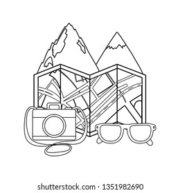 mountains landscape scene with papermap and camera
