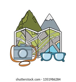 mountains landscape scene with papermap and camera