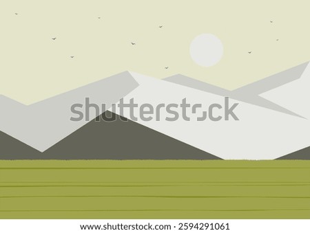 Mountains landscape scene with spring meadow. Rural fields with green meadow. Alpine field
