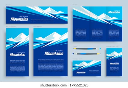 Mountains landscape Set flyer cover, tri-fold, banner, roll up banner, business card vector blue color