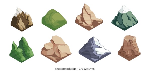 Conjunto de paisaje de montañas. Picos isométricos de Vector con vegetación, terreno rocoso y nieve. Los accidentes geográficos naturales combinan superficies de piedra y cumbres cubiertas de vegetación. Naturaleza y viajes. Diseño de mapas