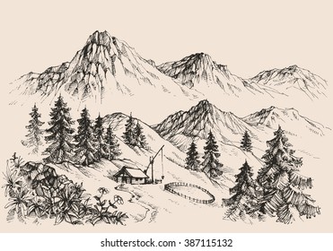 Mountains landscape and a sheepfold / farm sketch