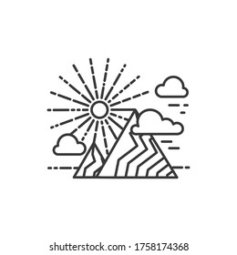 Mountains landscape with shining sun and clouds. The peaceful hill on the blue background. Vector nature illustration in icon style. Travel concept