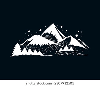 Mountains landscape sign logo. Hand drawn white color art sketch vector illustration. Isolated on black background.