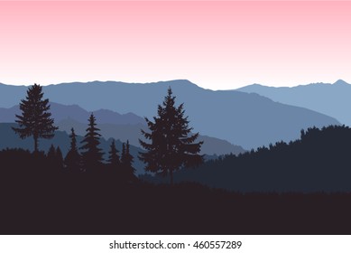 Mountains landscape. Silhouette of coniferous trees. Evening. Blue and pink shades. 