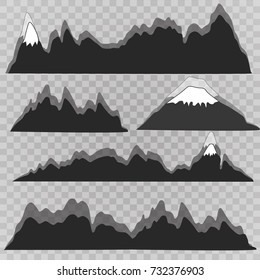 Mountains landscape silhouette set. Abstract high mountain border background collection