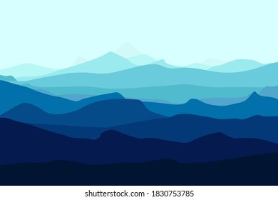 Mountains landscape. Mountains silhouettes panorama at morning. Vector forest hiking background