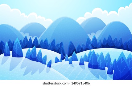 Mountains landscape with snowy rounded hills and stylized pine trees. Winter scenery with blue colors. Vector illustration background.