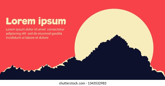 Mountains landscape with the sun and red sky in minimalist style. Morning mount horizon vector illustration. Outdoor climbing and wild nature traveling banner.