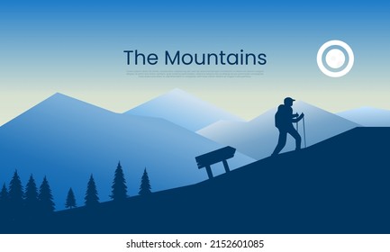 Las montañas son el paisaje atardecer con la luna y el senderismo y escalada humana