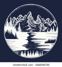 Mountains landscape tattoo and t-shirt design. Symbol tourism, travel, adventure 