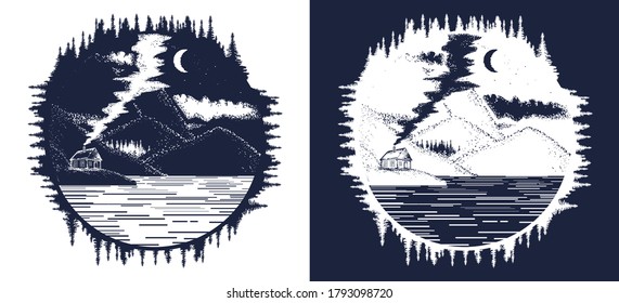 Mountains landscape tattoo and t-shirt design. Symbol of travel, tourism, meditation, adventures, great outdoors. Night lake. Black and white vector graphics 