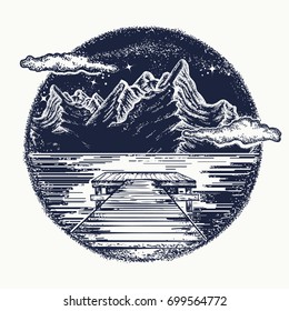 Mountains landscape tattoo and t-shirt design. Mystical symbol of tourism, dream, camping, travel 