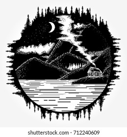 Mountains landscape tattoo and t-shirt design. Symbol of travel, tourism, meditation, adventures, great outdoors. Night lake