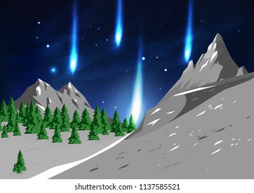 Mountains landscape, travel and adventure unbelievable, meteor falling stars astronomy concept vector abstract background illustration in horizontal