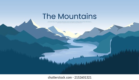 The mountains landscape with trees and rivers and a waterfall background