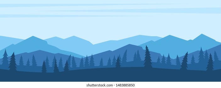 Mountains landscape with trees silhouettes in the foreground. Vector background