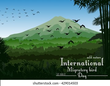 Mountains landscape of tropical background with flying birds for Birds migratory day.Vector
