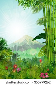 Mountains landscape of tropical background with sunrays.vector
