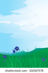 Mountains landscape. Vector background c mountains landscape and meadows with flowers