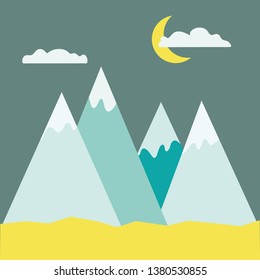 Mountains landscape, vector horizontal background. Blue sky with clouds and moon. 