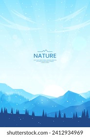 Mountains landscape. Vector illustration. Blue mountains and forest. Clear sky and sunshine. Design of background, poster, wallpaper, postcard, greeting card. Flat style.