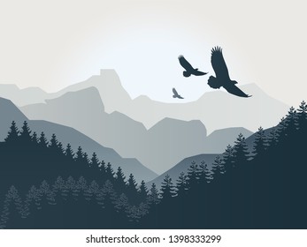 Mountains landscape vector illustration. Mountains forest.